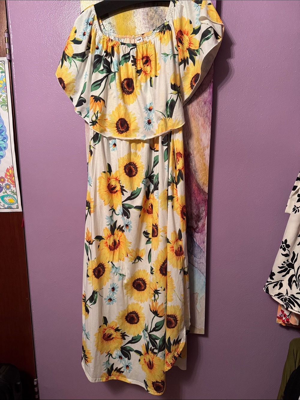 White Sunflower Off-Shoulder Maxi Dress - Yellow Floral